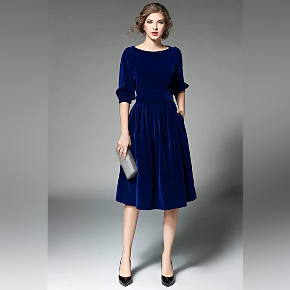 Fei in van Casual Vintage Round Neck Velvet Tunic Swing A-Line Midi Party Dress - Picture 4 of 12